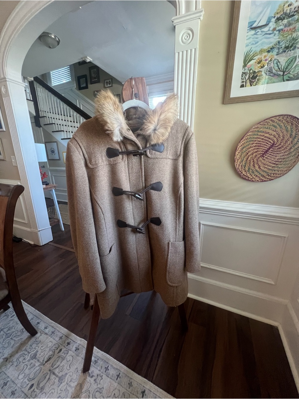 Pendleton Women’s Plus Tan Wool Duffle Coat with Fox Fur-Trim Hood